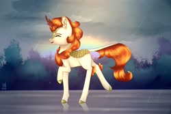 Size: 3000x2000 | Tagged: safe, artist:brilliant-luna, derpibooru import, autumn blaze, kirin, ear fluff, eyes closed, female, happy, open mouth, rain, rainbow, smiling, solo, tree