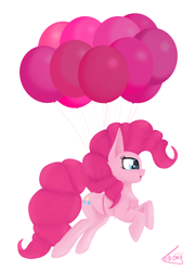 Size: 3100x4300 | Tagged: safe, artist:graphictoxin, derpibooru import, pinkie pie, earth pony, pony, balloon, canon, female, fluffy, flying, happy, high res, lineless, mare, simple background, smiling, solo, white background