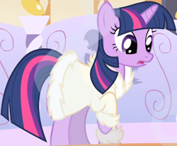 Size: 1288x1067 | Tagged: safe, derpibooru import, screencap, twilight sparkle, unicorn twilight, unicorn, green isn't your color, bathrobe, clothes, cropped, female, robe, solo, spa, steam