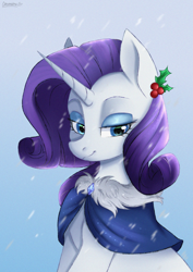 Size: 2894x4093 | Tagged: safe, artist:chickenbrony, derpibooru import, rarity, pony, unicorn, clothes, eyeshadow, female, holly, lidded eyes, makeup, mare, smiling, snow, snowfall, solo