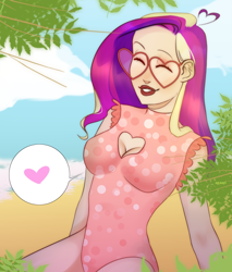 Size: 922x1080 | Tagged: safe, artist:azaani, derpibooru import, princess cadance, human, beach, boob window, breasts, canon, clothes, eyes closed, glasses, heart, heart shaped glasses, humanized, one-piece swimsuit, smiling, solo, swimsuit