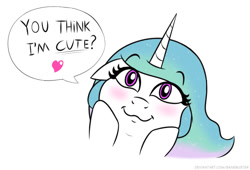 Size: 728x495 | Tagged: safe, artist:banebuster, derpibooru import, princess celestia, alicorn, pony, series:tiny tia, blushing, bronybait, cute, cutelestia, looking at you, simple background, speech bubble, talking to viewer, white background