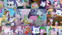 Size: 1280x721 | Tagged: safe, derpibooru import, edit, edited screencap, editor:quoterific, screencap, rarity, spike, dragon, pony, unicorn, a dog and pony show, dragon dropped, dragon quest, green isn't your color, inspiration manifestation, molt down, secret of my excess, simple ways, spike at your service, the crystal empire, beefspike, collage, female, golden oaks library, male, mare, shipping, sparity, straight, winged spike