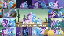 Size: 1280x720 | Tagged: safe, derpibooru import, edit, edited screencap, editor:quoterific, screencap, starlight glimmer, trixie, pony, unicorn, a horse shoe-in, all bottled up, best gift ever, no second prances, road to friendship, to change a changeling, to where and back again, cactus, collage, female, floppy ears, lesbian, school of friendship, shipping, startrix, trixie's puppeteering, trixie's wagon