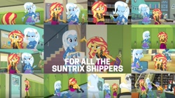Size: 1280x720 | Tagged: safe, derpibooru import, edit, edited screencap, editor:quoterific, screencap, bulk biceps, curly winds, microchips, nurse redheart, some blue guy, sunset shimmer, trixie, wiz kid, better together, equestria girls, forgotten friendship, collage, female, lesbian, shipping, suntrix