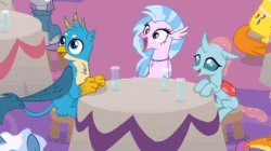 Size: 508x285 | Tagged: safe, derpibooru import, screencap, carrot cake, gallus, maud pie, mudbriar, ocellus, pokey pierce, silverstream, smolder, changedling, changeling, earth pony, griffon, hippogriff, pony, the last problem, animated, cropped, gif, male