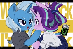 Size: 1920x1300 | Tagged: safe, artist:potetecyu_to, derpibooru import, starlight glimmer, trixie, pony, unicorn, clothes, looking at each other, necktie, sweater