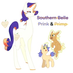 Size: 1024x1024 | Tagged: safe, artist:aztrial, derpibooru import, oc, oc:primp, oc:prink, oc:southern belle, earth pony, unicorn, bucktooth, floating, freckles, magical lesbian spawn, offspring, parent:applejack, parent:rarity, parents:rarijack, twins