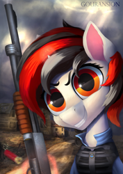 Size: 1663x2344 | Tagged: safe, artist:foxpit, derpibooru import, oc, oc only, oc:blackjack, pony, unicorn, fallout equestria, fallout equestria: project horizons, body armor, clothes, female, grin, gun, horn, looking at you, mare, security armor, shooty look, short horn, shotgun, small horn, smiling, solo, vault security armor, vault suit, weapon, wrong eye color