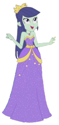 Size: 970x2048 | Tagged: safe, derpibooru import, edit, edited screencap, screencap, blueberry cake, better together, equestria girls, pinkie pie: snack psychic, armpits, background human, background removed, bare shoulders, beautiful, blue eyes, blue hair, clothes, cupcake necklace, dress, female, gold trim, green skin, hair bun, jewelry, long hair, long skirt, looking up, lovely, necklace, open mouth, open smile, pretty, purple dress, simple background, sleeveless, sleeveless dress, smiling, solo, solo female, strapless, strapless dress, transparent background