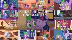 Size: 1280x721 | Tagged: safe, derpibooru import, edit, edited screencap, editor:quoterific, screencap, applejack, rarity, spike, twilight sparkle, twilight sparkle (alicorn), unicorn twilight, alicorn, dragon, earth pony, pony, unicorn, a flurry of emotions, applejack's "day" off, baby cakes, every little thing she does, friendship is magic, lesson zero, once upon a zeppelin, owl's well that ends well, spike at your service, the crystal empire, collage, female, golden oaks library, male, mare, twilight's castle