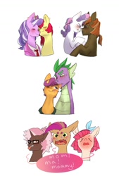 Size: 1024x1516 | Tagged: safe, artist:aztrial, derpibooru import, apple bloom, button mash, diamond tiara, scootaloo, spike, sweetie belle, oc, oc:scallops, oc:sugar poppet, oc:tech wiz, dragon, earth pony, hybrid, pegasus, pony, unicorn, :p, bedroom eyes, blushing, blushing profusely, bow, clothes, cutie mark crusaders, diamondbloom, disgusted, ear piercing, embarrassed, female, freckles, glasses, interspecies offspring, lesbian, licking, magical lesbian spawn, male, mare, necktie, nose piercing, nose to nose, nuzzling, offspring, older, older apple bloom, older button mash, older cmc, older diamond tiara, older scootaloo, older spike, older sweetie belle, parent:apple bloom, parent:button mash, parent:diamond tiara, parent:scootaloo, parent:spike, parent:sweetie belle, parents:diamondbloom, parents:scootaspike, parents:sweetiemash, piercing, scootaspike, shipping, straight, suit, sweetiemash, tongue out
