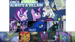 Size: 1812x1027 | Tagged: safe, derpibooru import, edit, edited screencap, editor:quoterific, screencap, discord, princess luna, star swirl the bearded, starlight glimmer, sunset shimmer, tempest shadow, thorax, trixie, twilight sparkle, twilight sparkle (alicorn), alicorn, changeling, draconequus, pony, unicorn, equestria girls, equestria girls series, forgotten friendship, my little pony: the movie, shadow play, the times they are a changeling, to where and back again, female, male, mare, stallion, storm guard, twilight's castle