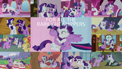 Size: 1280x720 | Tagged: safe, derpibooru import, edit, edited screencap, editor:quoterific, screencap, alula, applejack, big macintosh, carrot top, fluttershy, golden harvest, noi, opalescence, rarity, twilight sparkle, twilight sparkle (alicorn), unicorn twilight, alicorn, earth pony, pegasus, pony, unicorn, a canterlot wedding, all bottled up, dragonshy, fame and misfortune, friendship is magic, it isn't the mane thing about you, look before you sleep, simple ways, the last roundup, basket, bouquet, collage, female, flower, fluttershy's cottage (interior), golden oaks library, lesbian, mare, nest, picnic basket, picnic blanket, rarilight, shipping