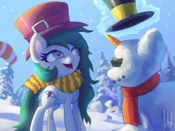 Size: 1280x960 | Tagged: safe, artist:raikoh, derpibooru import, oc, oc only, oc:kinesis, pony, carrot, clothes, female, food, hat, magic, mare, scarf, snow, snowpony, solo, telekinesis, this will end in life, top hat, winter