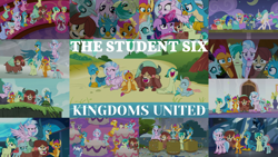Size: 1988x1119 | Tagged: safe, derpibooru import, edit, edited screencap, editor:quoterific, screencap, auburn vision, berry blend, berry bliss, carrot cake, cozy glow, cup cake, gallus, huckleberry, maud pie, mudbriar, november rain, ocellus, peppermint goldylinks, pokey pierce, pound cake, princess celestia, pumpkin cake, sandbar, silverstream, smolder, spike, twilight sparkle, twilight sparkle (alicorn), yona, alicorn, changedling, changeling, dragon, earth pony, griffon, hippogriff, pony, yak, a matter of principals, horse play, non-compete clause, school daze, school raze, the ending of the end, the last problem, uprooted, clothes, cosplay, costume, dragoness, female, friendship student, male, mare, stallion, student six