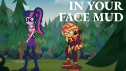 Size: 1920x1080 | Tagged: safe, derpibooru import, edit, edited screencap, editor:quoterific, screencap, sci-twi, twilight sparkle, equestria girls, equestria girls series, sunset's backstage pass!, spoiler:eqg series (season 2), caption, clothes, duo, duo female, female, geode of empathy, geode of telekinesis, magical geodes, music festival outfit, outdoors, ponytail, trash talk