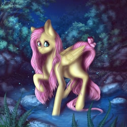 Size: 1280x1280 | Tagged: safe, artist:delfinaluther, derpibooru import, fluttershy, butterfly, pegasus, pony, cute, everfree forest, female, in water, mare, missing cutie mark, night, solo, wet