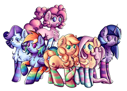 Size: 5358x3819 | Tagged: safe, artist:coco-drillo, derpibooru import, applejack, fluttershy, pinkie pie, rainbow dash, rarity, twilight sparkle, twilight sparkle (alicorn), alicorn, earth pony, pegasus, pony, unicorn, alternate hairstyle, blushing, braided tail, cheerful, chest fluff, clothes, collage, compilation, crossed hooves, cute, ear fluff, female, folded wings, freckles, group, horn, jumping, kneesocks, looking up, mane six, mare, pigtails, rainbow socks, raised hoof, simple background, socks, standing, stockings, striped socks, thigh highs, transparent background, wings