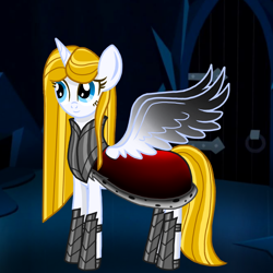 Size: 800x800 | Tagged: safe, artist:katya, derpibooru import, oc, oc only, oc:sparkle light, alicorn, pony, armor, cape, clothes, female, horn, mare, solo, spread wings, stairs, vector, wings