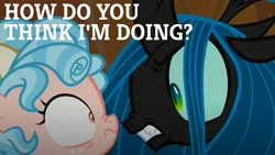 Size: 1920x1080 | Tagged: safe, derpibooru import, edit, edited screencap, editor:quoterific, screencap, cozy glow, queen chrysalis, changeling, changeling queen, pegasus, pony, frenemies (episode), caption, female, filly, shrunken pupils