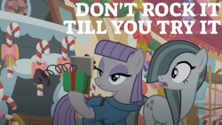 Size: 1920x1080 | Tagged: safe, derpibooru import, edit, edited screencap, editor:quoterific, screencap, marble pie, maud pie, pony, best gift ever, christmas decoration, duo, female, hearth's warming, mare, present, rock