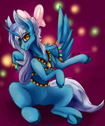 Size: 1725x2075 | Tagged: safe, artist:hyflin, derpibooru import, oc, oc only, oc:fleurbelle, alicorn, pony, alicorn oc, bells, bow, christmas, christmas lights, female, hair bow, harness, holiday, horn, lights, mare, tack, wings