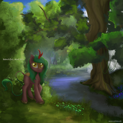 Size: 2048x2048 | Tagged: safe, artist:exploretheweb, derpibooru import, oc, oc:selketo, firefly (insect), insect, kirin, female, flower, forest, kirin oc, lake, long mane, looking at you, male, photo, plant, sky, solo, tail fluff, text, tree, water