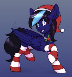 Size: 1299x1375 | Tagged: safe, artist:argigen, derpibooru import, oc, oc only, pegasus, pony, christmas, clothes, female, hat, holiday, mare, rcf community, santa hat, socks, solo, striped socks