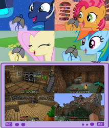 Size: 782x920 | Tagged: safe, artist:brandonale, derpibooru import, babs seed, fluttershy, princess luna, rainbow dash, alicorn, pegasus, pony, female, gamer luna, golden oaks library, mare, meme, minecraft