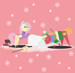 Size: 2232x2160 | Tagged: safe, anonymous artist, derpibooru import, big macintosh, fluttershy, earth pony, pegasus, pony, series:fm holidays, series:hearth's warming advent calendar, advent calendar, bipedal, bipedal leaning, broom, carrot, christmas, clothes, earmuffs, female, fluttermac, food, hat, holiday, leaning, lineless, male, mare, pointy ponies, pushing, scarf, shipping, snow, snowflake, snowpony, straight, sweater, top hat, turtleneck, winter outfit