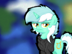 Size: 5411x4115 | Tagged: safe, artist:background basset, derpibooru import, lyra heartstrings, pony, unicorn, fanfic:background pony, blurry background, clothes, depressed, dig the swell hoodie, female, hoodie, mare, sad, solo