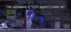 Size: 460x207 | Tagged: safe, derpibooru import, screencap, oc, oc:cosmia nebula, pony, unicorn, fallout equestria, game: fallout equestria: remains, dialogue, female, mare, raider, text