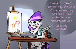 Size: 1280x822 | Tagged: safe, artist:petirep, oc, oc only, oc:blank canvas, pegasus, pony, ask bronycon ponies 2013, bronycon, bronycon 2013, bronycon mascots, chair, coffee, computer, dialogue, easel, laptop computer, paint, pegasus oc, sitting, solo, speech bubble, table, vest, window