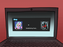 Size: 800x600 | Tagged: safe, artist:petirep, oc, oc only, oc:mane event, pony, unicorn, ask bronycon ponies 2013, animated, bronycon, bronycon 2013, bronycon mascots, computer, female, gif, laptop computer, looking at you, male, mare, red eyes, skype, stallion, unicorn oc