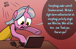 Size: 800x514 | Tagged: safe, artist:petirep, oc, oc only, oc:mane event, pony, unicorn, ask bronycon ponies 2013, bronycon, bronycon 2013, bronycon mascots, computer, desk, dialogue, female, gradient background, laptop computer, mare, onomatopoeia, open mouth, speech bubble, sweat, unicorn oc, vest