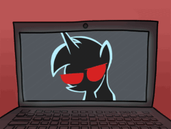 Size: 800x600 | Tagged: safe, artist:petirep, oc, oc only, pony, unicorn, ask bronycon ponies 2013, animated, bronycon, bronycon 2013, computer, gif, laptop computer, looking at you, male, red eyes, stallion, static, unicorn oc, video call
