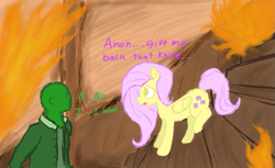 Size: 1217x744 | Tagged: safe, artist:notawriteranon, fluttershy, oc, oc:anon, human, pegasus, pony, clothes, crossover, dialogue, female, fire, male, mare, silent hill, stairs, talking to each other