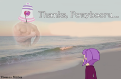 Size: 1920x1250 | Tagged: safe, artist:thomas müller, ponybooru exclusive, oc, oc:captain ponybooru, human, equestria girls, beach, clothes, featured image, liberty bell, ponybooru, sand, text, thumbs up, topless