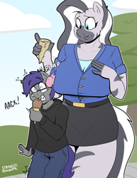 Size: 2550x3300 | Tagged: safe, artist:strangerdanger, oc, oc:dusk rhine, oc:zuri, anthro, bat pony, zebra, big breasts, chocolate ice cream, clothes, date, ear fluff, female, food, glasses, hoodie, ice cream, ice cream cone, larger female, male, onomatopoeia, pants, park, size difference, skirt, tongue out