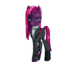Size: 2500x2200 | Tagged: safe, artist:melanyschaffer, derpibooru import, fizzlepop berrytwist, tempest shadow, pony, unicorn, alternate hairstyle, boots, broken horn, clothes, coat, eye scar, female, horn, jeans, mare, pants, raised hoof, scar, shoes, simple background, solo, sweater, transparent background