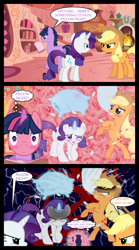 Size: 1280x2300 | Tagged: safe, artist:bigsnusnu, derpibooru import, applejack, dusk shine, rarity, twilight sparkle, earth pony, pony, unicorn, comic:dusk shine in pursuit of happiness, angry, blushing, glare, imagination, pillow, pillow fight, rule 63