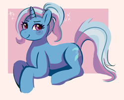 Size: 1294x1049 | Tagged: safe, artist:cherivinca, derpibooru import, trixie, pony, unicorn, alternate hairstyle, cute, diatrixes, female, lying down, mare, ponytail, prone, solo