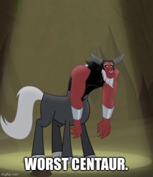 Size: 500x579 | Tagged: safe, derpibooru import, edit, edited screencap, screencap, lord tirek, centaur, frenemies (episode), abuse, bracer, caption, cloven hooves, colored hooves, cropped, floppy ears, image macro, nose piercing, nose ring, piercing, sad, spotlight, standing, text, worst centaur, worst pony