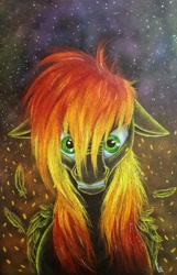 Size: 2988x4645 | Tagged: safe, artist:cahandariella, derpibooru import, oc, pegasus, angry, bust, colored pencil drawing, commission, female, mare, night, portrait, solo, sparks, stars, traditional art