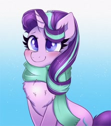 Size: 1586x1793 | Tagged: safe, artist:confetticakez, derpibooru import, starlight glimmer, pony, unicorn, blushing, chest fluff, clothes, cute, female, glimmerbetes, mare, scarf, sitting, smiling, snow, snowfall, solo