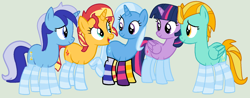 Size: 1712x668 | Tagged: safe, artist:jadethepegasus, artist:n0va-bases, derpibooru import, lightning dust, minuette, sunset shimmer, trixie, twilight sparkle, twilight sparkle (alicorn), alicorn, pegasus, pony, unicorn, base used, clothes, female, gray background, harem, lesbian, mare, minixie, mismatched socks, open mouth, polyamory, raised hoof, shipping, simple background, socks, striped socks, suntrix, trixie gets all the mares, trixiedust, twixie