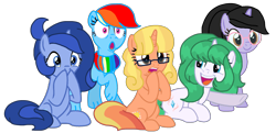 Size: 2134x1034 | Tagged: safe, artist:徐詩珮, derpibooru import, rainbow dash, oc, oc:choi sky, oc:diana paintbrush, oc:janey, oc:rainbow eevee, oc:succulant holp, pegasus, pony, unicorn, eevee, faic, female, females only, glasses, mare, pokefied, pokémon, shrunken pupils, simple background, transparent background