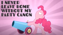 Size: 1920x1080 | Tagged: safe, derpibooru import, edit, edited screencap, editor:quoterific, screencap, pinkie pie, earth pony, pony, sweet and elite, bipedal, cannon, caption, female, mare, misspelling, nose in the air, party cannon, solo