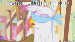 Size: 600x337 | Tagged: safe, derpibooru import, edit, edited screencap, screencap, gilda, griffon, griffon the brush off, blindfold, caption, female, image macro, solo, text